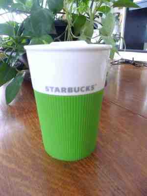 Starbucks 2012 White Ceramic 8 oz Tumbler Travel Coffee Mug Green Silicon Grip  - Sold on eBay Aug, 26th 2018 for $10.00