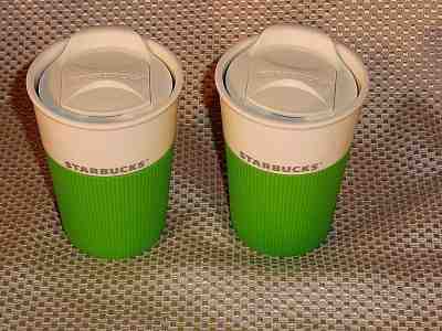 Two Starbucks 2012 Bone China Porcelain 8-oz Grn Silicone Grip Travel Tumblers  - Sold on eBay Aug, 26th 2018 for $27.00