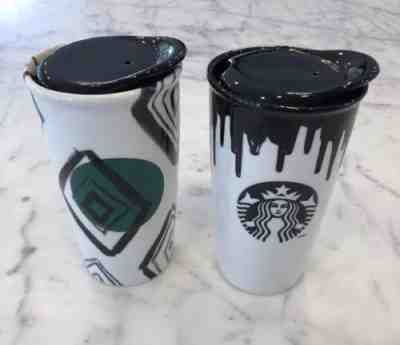 2 Starbucks Band of Outsiders Ceramic Travel Tumbler Mug Black white Drip 2014 - Sold on eBay Sep, 2nd 2018 for $39.99