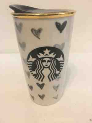 Starbucks 2014 Black Hearts Ceramic Go Cup Tumbler DOT Collection gold rim RARE - Sold on eBay Aug, 29th 2018 for $20.00