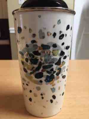 STARBUCKS 12 oz TRAVEL TUMBLER MUG CERAMIC 2014 Double Wall Green Gold Flecks - Sold on eBay Aug, 27th 2018 for $7.99