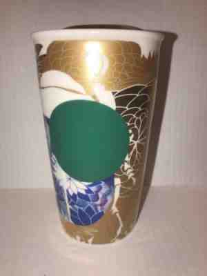 2014 Starbucks Gold Floral Scarab Beetle Ceramic Travel Cup Tumbler 12oz w Lid - Sold on eBay Aug, 26th 2018 for $17.99