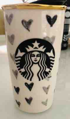 Starbucks Black Hearts Ceramic Travel Tumbler 2014 Black Lid Rim - Sold on eBay Aug, 23rd 2018 for $15.99