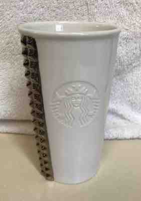 STARBUCKS 2014 WHITE WITH SILVER TONE STUD TRIM 10 FL OZ COFFEE TEA TUMBLER CUP - Sold on eBay Aug, 22nd 2018 for $5.25