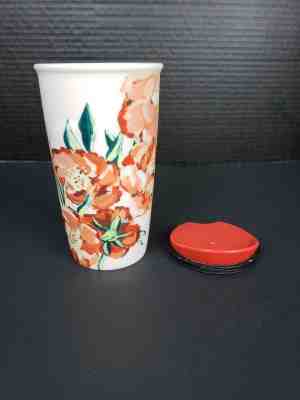 STARBUCKS Red/Pink Floral Ceramic Tumbler Travel Mug 2015 10 oz - Sold on eBay Sep, 9th 2018 for $17.00