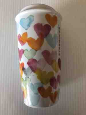 RARE STARBUCKS DOT 2015 CERAMIC WATERCOLOR HEARTS 10oz TRAVEL TUMBLER MUG NEW - Sold on eBay Sep, 2nd 2018 for $29.00