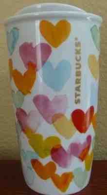 STARBUCKS 2015 CERAMIC WATERCOLOR HEARTS  W/LID 10oz TRAVEL TUMBLER MUG - Sold on eBay Sep, 1st 2018 for $19.99