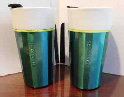 2 Starbucks Travel Coffee Tumbler White Ceramic Insulated Green Teal 12 Oz 2015 - Sold on eBay Aug, 26th 2018 for $25.99