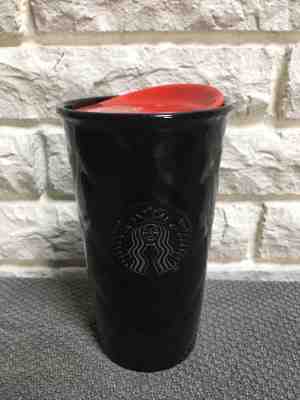 Starbucks 2015 Black Quilted Cushion Ceramic 10 oz.Traveler Tumbler mug Red Lid - Sold on eBay Aug, 25th 2018 for $24.99