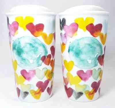 Pair Starbucks Coffee 2015 Watercolor Heart Ceramic Traveler Travel Mug Tumbler - Sold on eBay Aug, 25th 2018 for $59.95