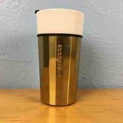 Starbucks 2015 Ceramic White Metallic Gold Metal Travel Tumbler Mug - Sold on eBay Aug, 24th 2018 for $21.85