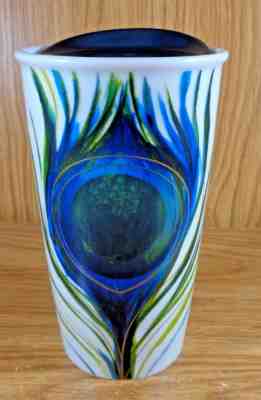Starbucks 2015 PEACOCK FEATHER Ceramic 12 Oz Travel Tumbler - Sold on eBay Aug, 23rd 2018 for $16.00