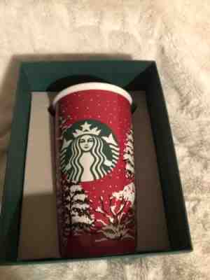  2016 STARBUCKS HOLIDAY GREEN RED CERAMIC TUMBLER CHRISTMAS SNOWY TREES - Sold on eBay Sep, 28th 2018 for $15.00