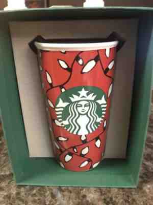STARBUCKS 2016 RED HOLIDAY LIGHTS CERAMIC DOUBLE WALL TRAVEL TUMBLER MUG - Sold on eBay Sep, 22nd 2018 for $10.00