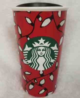 STARBUCKS 2016 RED CERAMIC DOUBLE WALL CHRISTMAS LIGHTS TRVEL MUG TUMBLER 12oz - Sold on eBay Sep, 21st 2018 for $8.00