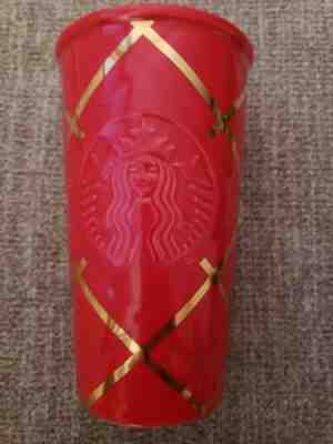 Starbucks 2016 Red Quilted w/ Gold Stripes Traveler Tumbler 10oz Ceramic  - Sold on eBay Sep, 12th 2018 for $10.00