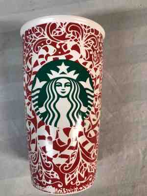 Starbucks 2016 Ceramic Christmas Travel Mug Candy Canes 12 oz. Tumbler  - Sold on eBay Sep, 11th 2018 for $20.00