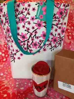 Starbucks 2017 CHERRY BLOSSOM TOTE AND LOVE RED HEART Ceramic Tumbler NIB USA - Sold on eBay Oct, 1st 2018 for $59.99
