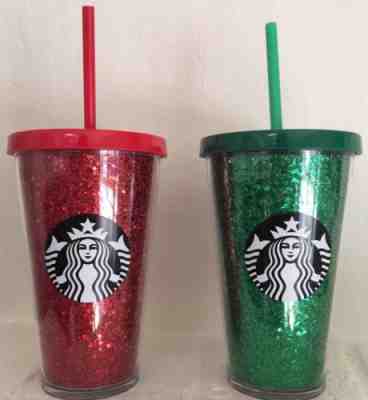 2018 Starbucks 2 Holiday Cold Tumblers Cup  With Tag Red Green Glitter NEW 16 Oz - Sold on eBay Nov, 9th 2018 for $49.99