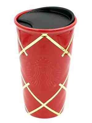 Starbucks Red Quilted Gold Striped Tumbler 10oz 2016 Double Walled Ceramic - Sold on eBay Sep, 9th 2018 for $24.96