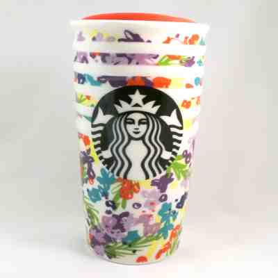 Starbucks Ceramic Tumbler Floral Spring White Stripe 2016 10 oz Mug Coffee Cup - Sold on eBay Sep, 4th 2018 for $22.95