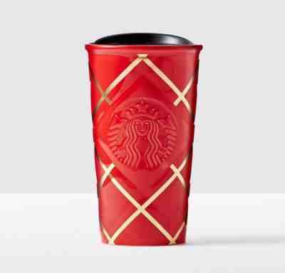 NWT 2016 Starbucks Double Wall Traveler Tumbler Mug RED GOLD QUILTED SIREN Cup - Sold on eBay Sep, 1st 2018 for $32.50