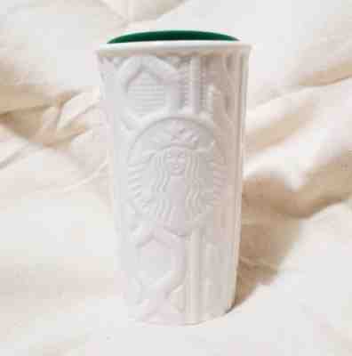 STARBUCKS Quilted Silver White Snow Ceramic Tumbler Mug Siren Double Wall 2016 - Sold on eBay Aug, 31st 2018 for $7.50