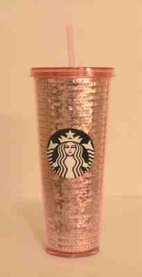 NEW Starbucks 2017 Rose Gold Pink Sequin Venti Cold Cup Tumbler 24 oz HTF - Sold on eBay Sep, 8th 2018 for $59.95