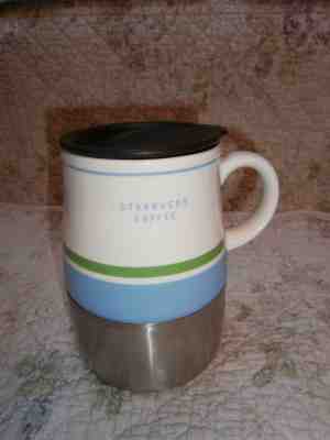 Starbucks Ceramic Stainless Mug w/lid 14 oz 2005 Coffee/Tea White Green Blue - Sold on eBay Nov, 19th 2018 for $15.00