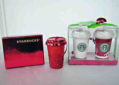 LOT 3 NEW Starbucks ORNAMENTS 2015 Swarovski Red Crystals NIB + 2006 To Go Cups - Sold on eBay Nov, 22nd 2018 for $39.90