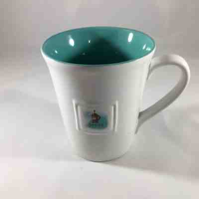 Starbucks  2006 "Press" White Teal Coffee Cup Mug 14 Oz - Sold on eBay Nov, 20th 2018 for $12.97