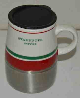 2006 White & Red Ceramic & Metal Starbucks Lidded Travel Coffee Mug Rare 14oz - Sold on eBay Nov, 19th 2018 for $10.00