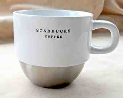 STARBUCKS Coffee Mug Cup 8 oz. White with Metal Bottom, 2007 COLLECTION - Sold on eBay Nov, 21st 2018 for $10.00
