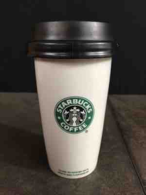 STARBUCKS 2009 CERAMIC TRAVEL TUMBLER WHITE MUG BLACK LID MERMAID 12OZ MENU  - Sold on eBay Nov, 18th 2018 for $15.99