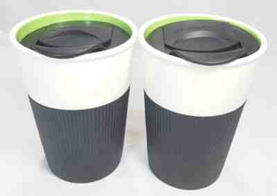 2 Starbucks Coffee 2012 Blk Rubber Ribbed Grip Bone China Tumbler Travel Mug Cup - Sold on eBay Nov, 23rd 2018 for $42.49