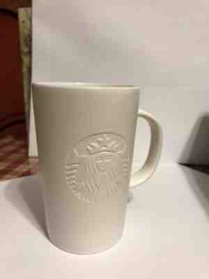 STARBUCKS Coffee Mug Embossed Siren Mermaid Logo White On White 2014 Ceramic - Sold on eBay Nov, 23rd 2018 for $8.00