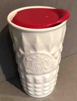 10 oz Starbucks Ceramic Tumbler Cup Travel Mug White Sweater Coffee 2014 Red Lid - Sold on eBay Nov, 22nd 2018 for $15.99