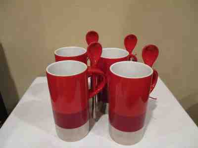 StarBucks 2014 Red/Burgundy/ Silver Stripe 8 oz Espresso Mug/Cup with Spoon (4) - Sold on eBay Nov, 20th 2018 for $28.00