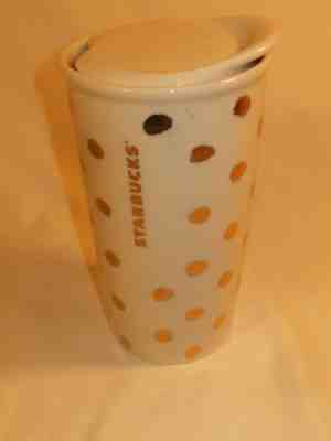 2014 Starbucks Gold Polka Dot Tumbler Ceramic Travel Collection Mug - Sold on eBay Nov, 19th 2018 for $14.50