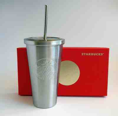 Starbucks 2014 Silver Stainless Steel Logo Cold Cup Metal Straw 16oz Tumbler NIB - Sold on eBay Nov, 19th 2018 for $29.95