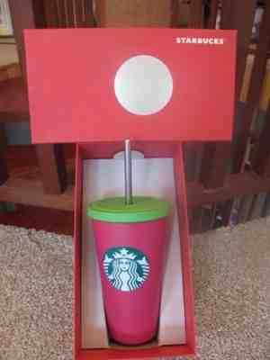 2014  Starbucks MATT PINK & LIME GREEN Metal Tumbler w/Metal Straw  _ NEW in BOX - Sold on eBay Nov, 18th 2018 for $12.99