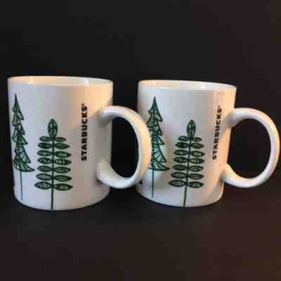 2 Starbucks Coffee 2015 Holiday Christmas Whimsical Tree White Green Mug Cup Two - Sold on eBay Nov, 23rd 2018 for $15.99