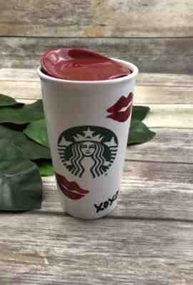 Starbucks 2015 XOXO Red Lips Hugs & Kisses Ceramic Tumbler Travel Mug w/ Red Lid - Sold on eBay Nov, 22nd 2018 for $35.00