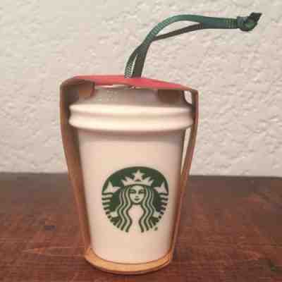 Starbucks Coffee 2015 Christmas Holiday Ornament Mini White Ceramic To Go Cup - Sold on eBay Nov, 21st 2018 for $6.00
