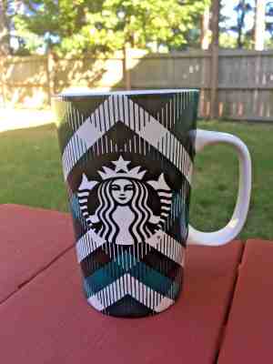 STARBUCKS Tall Latte Coffee Tea Mug 16 oz PLAID SIREN 2015 Teal Black White Cup - Sold on eBay Nov, 21st 2018 for $15.50