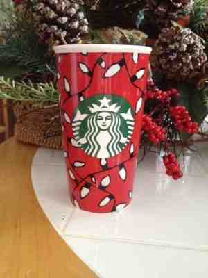 Starbucks**RED CERAMIC 2016 CHRISTMAS LIGHTS**Travel Mug/Tumbler~ - Sold on eBay Nov, 22nd 2018 for $23.00