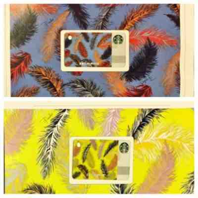 Japan 2016 Mini Starbucks Card Set of 2 By Emilio Pucci Feathers - Yellow & Blue - Sold on eBay Nov, 22nd 2018 for $32.99