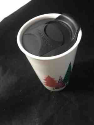 STARBUCKS 2017 11oz Forest Trees Red Green Ceramic Coffee Tumbler Coffee Mug  - Sold on eBay Nov, 18th 2018 for $7.89