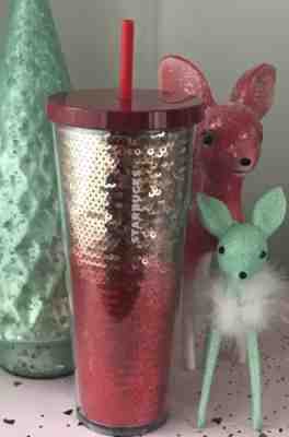 New Starbucks 2018 Red / Rose Gold Holiday Sequin Glitter Ombré Tumbler, 24 Oz - Sold on eBay Nov, 23rd 2018 for $29.64