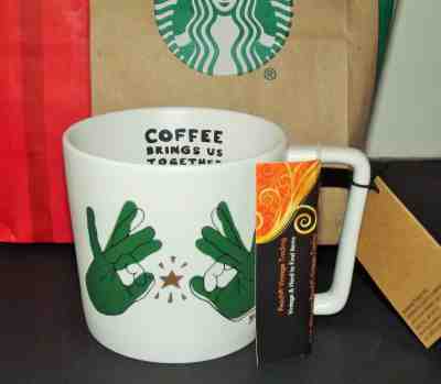 STARBUCKS ASL SIGNING MUG 2018 12oz GREEN HANDS GOLD STAR LTD NWT bonus BAG - Sold on eBay Nov, 23rd 2018 for $115.00